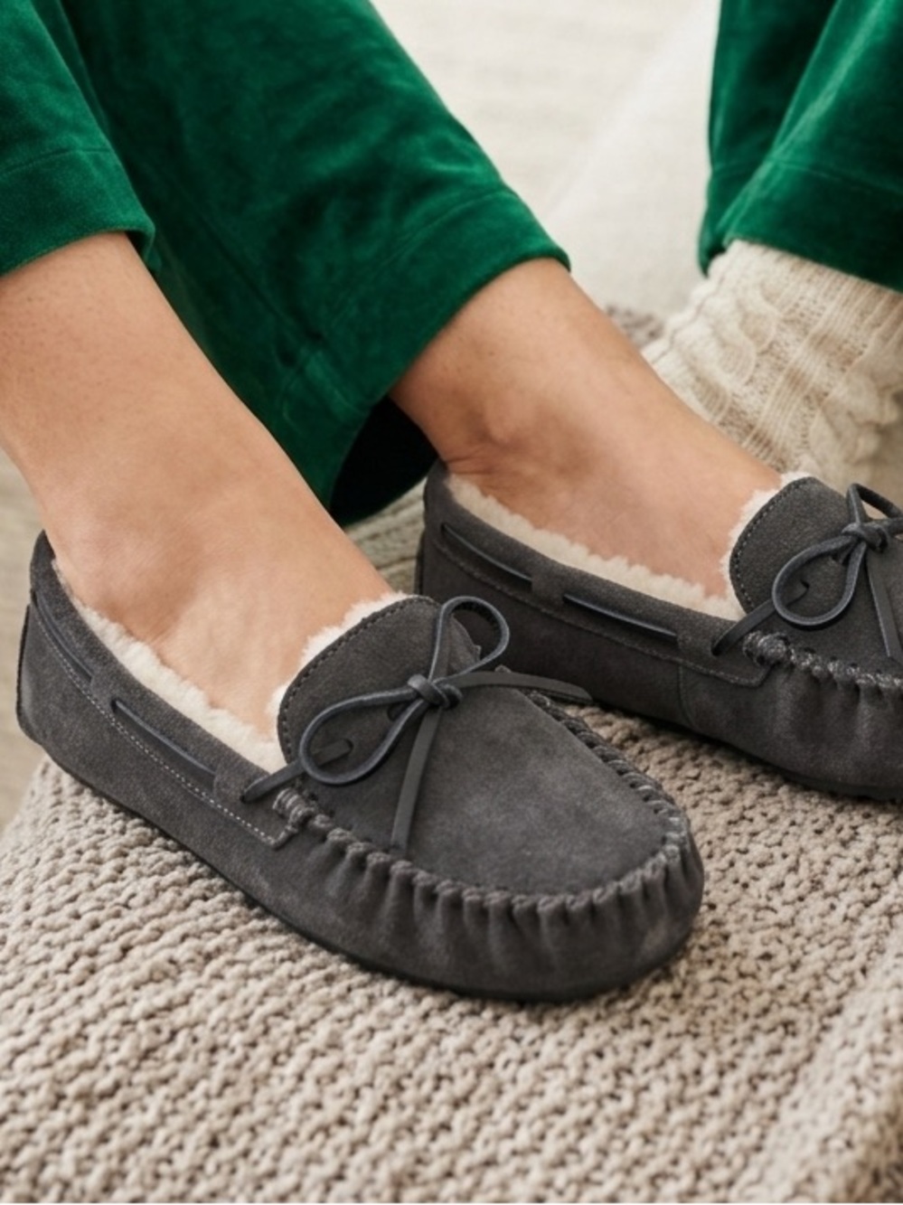 Minnetonka Suede Furry Lined Moccasins